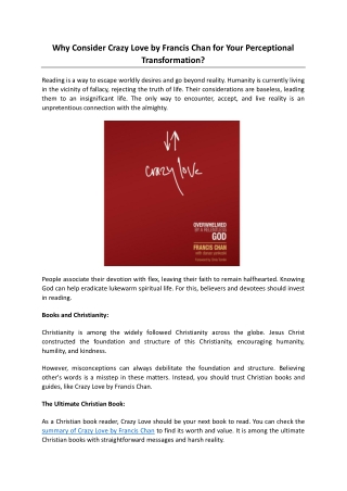 Why Consider Crazy Love by Francis Chan for Your Perceptional Transformation?