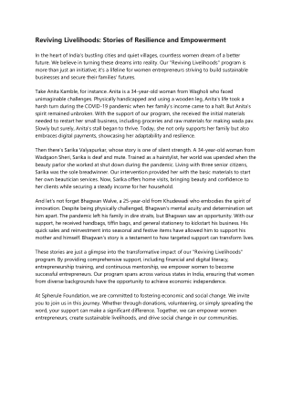 Reviving Livelihoods: Stories of Resilience and Empowerment