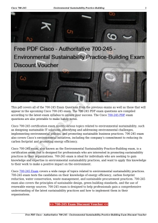 Free PDF Cisco - Authoritative 700-245 - Environmental Sustainability Practice-Building Exam Discount Voucher