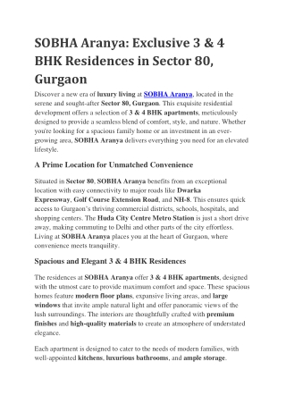 SOBHA Aranya Exclusive 3 & 4 BHK Residences in Sector 80, Gurgaon