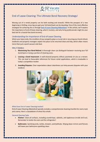 End of Lease Cleaning - The Ultimate Bond Recovery Strategy!