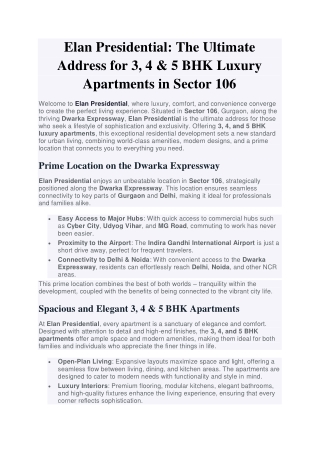 Elan Presidential The Ultimate Address for 3, 4 & 5 BHK Luxury Apartments in Sector 106