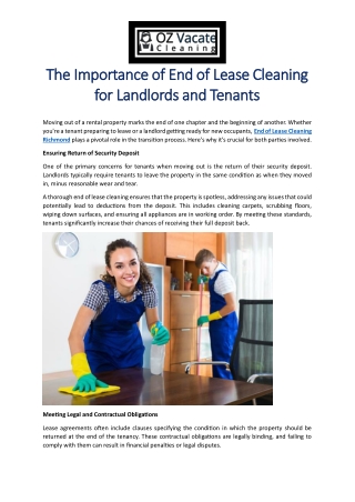 The Importance of End of Lease Cleaning for Landlords and Tenants