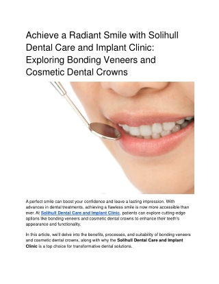 Achieve a Radiant Smile with Solihull Dental Care and Implant Clinic_ Exploring Bonding Veneers and Cosmetic Dental Crow