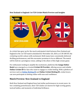 New Zealand vs England 1st T20 Cricket Match Preview and Insights