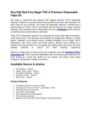 Buy Half Bak'd by Happi THC-A Premium Disposable Vape 3G