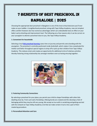 7 Benefits of Best Preschool in Bangalore  2025