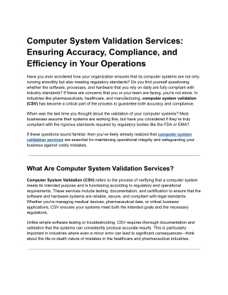 Computer System Validation Services_ Ensuring Accuracy, Compliance, and Efficiency in Your Operations