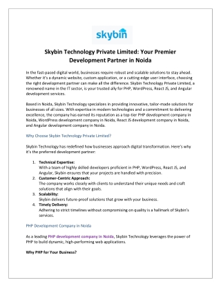 Skybin Technology Private Limited Your Premier Development Partner in Noida