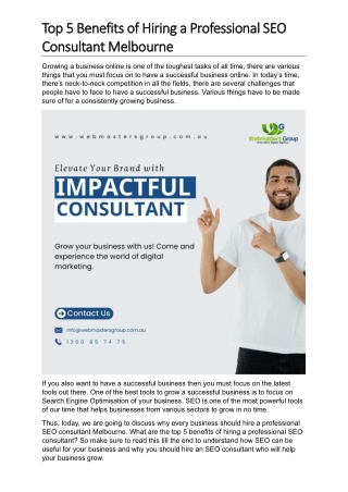 Top 5 Benefits of Hiring a Professional SEO Consultant Melbourne