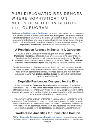 Puri Diplomatic Residences  Where Sophistication Meets Comfort in Sector 111, Gurugram