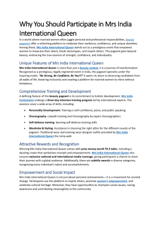 Why You Should Participate in Mrs India International Queen