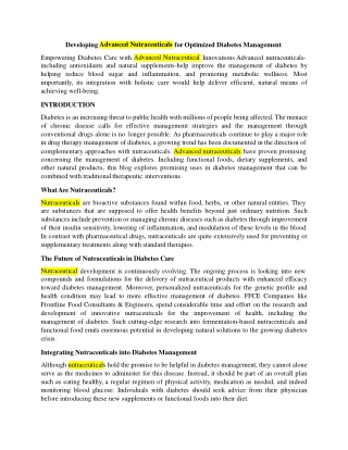 Developing Advanced Nutraceuticals for Optimized Diabetes Management