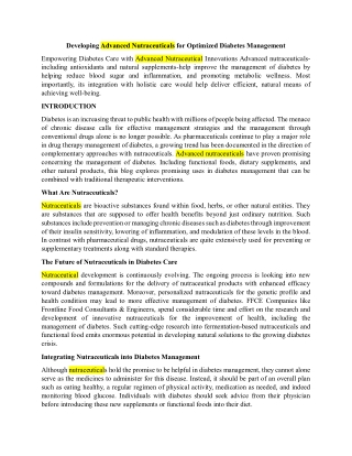 Developing Advanced Nutraceuticals for Optimized Diabetes Management