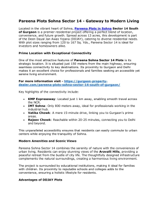Pareena Plots Sohna Sector 14 - Gateway to Modern Living