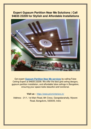 Expert Gypsum Partition Near Me Solutions | Call 94835 23209 for Stylish and Aff