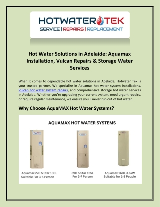 Reliable Hot Water Solutions in Adelaide AquaMAX Installation, Vulcan Repairs & Storage Water Services