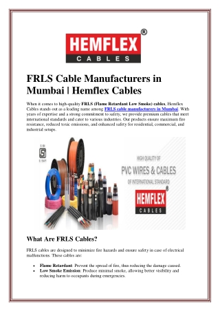 FRLS Cable Manufacturers in Mumbai | Hemflex Cables