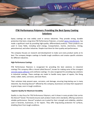 ITW Performance Polymers Providing the Best Epoxy Coating Solutions