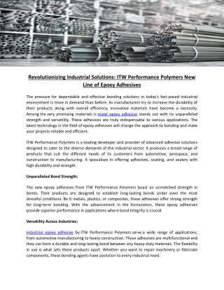 Revolutionizing Industrial Solutions ITW Performance Polymers New Line of Epoxy Adhesives
