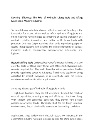 Elevating Efficiency: The Role of Hydraulic Lifting Jacks and Lifting Machines i
