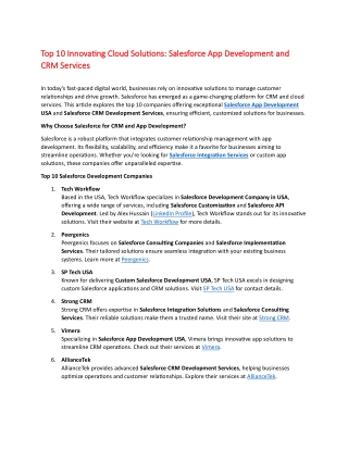 Top 10 Innovating Cloud Solutions Salesforce App Development and CRM Services