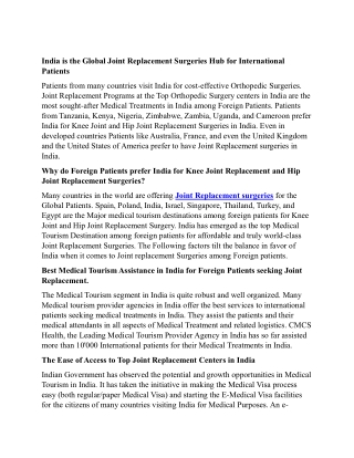 India is Joint Replacement Surgeries Hub for International Patients