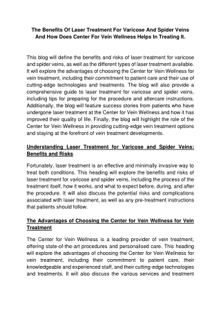 The Benefits Of Laser Treatment For Varicose And Spider Veins And How Does Center For Vein Wellness Helps In Treating It