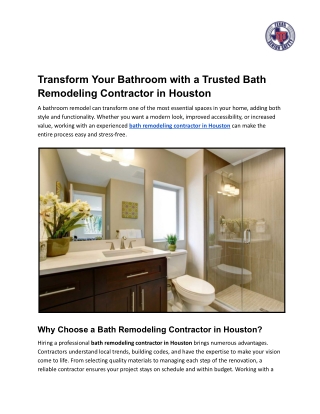 Transform Your Bathroom with a Trusted Bath Remodeling Contractor in Houston