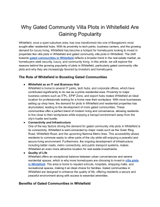Why Gated Community Villa Plots in Whitefield Are Gaining Popularity