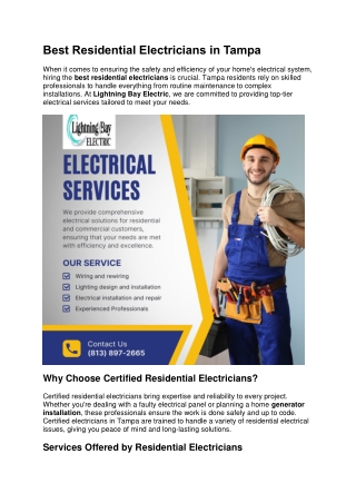 Best Residential Electricians in Tampa.