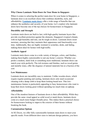 Why Choose Laminate Main Doors for Your Home in Singapore