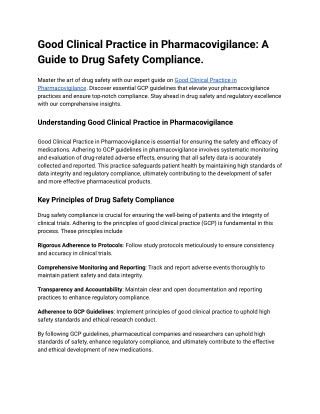 Good Clinical Practice in Pharmacovigilance_ A Guide to Drug Safety Compliance