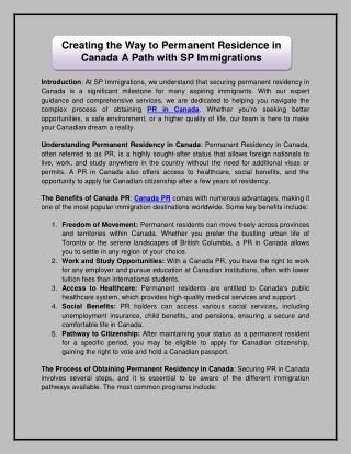 Creating the Way to Permanent Residence in Canada A Path with SP Immigrations