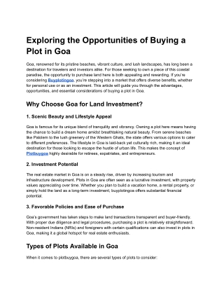 Planning to Buy Plot in Goa as an investment?