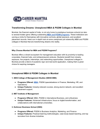 Transforming Dreams: Unexplored MBA & PGDM Colleges in Mumbai