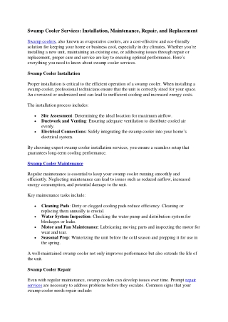 Swamp Cooler Services: Installation, Maintenance, Repair, and Replacement