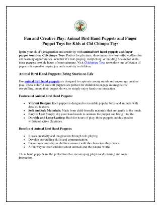 Animal Bird Hand Puppets and Finger Puppet Toys for Kids at Chi Chimpu Toys