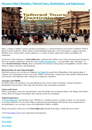 Discover India's Wonders: Tailored Tours, Destinations, and Experiences