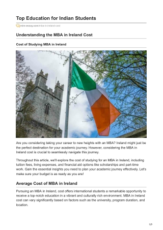 MBA in Ireland cost: Top Education for Indian Students