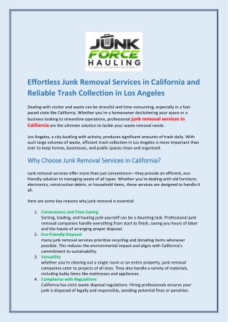 Effortless Junk Removal Services in California and Reliable Trash Collection in Los Angeles