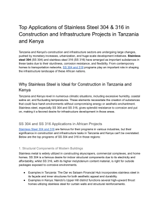 Top Applications of Stainless Steel 304 & 316 in Construction and Infrastructure Projects in Tanzania and Kenya