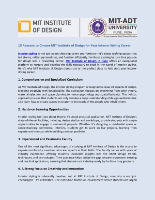 10 Reasons to Choose MIT Institute of Design for Your Interior Styling Career