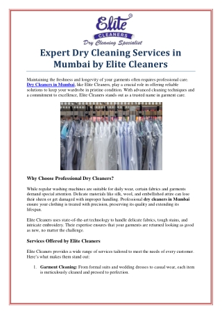 Top-Rated Dry Cleaners in Mumbai for Impeccable Garments