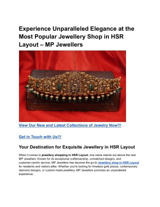 Experience Unparalleled Elegance at the Most Popular Jewellery Shop in HSR Layout – MP Jewellers