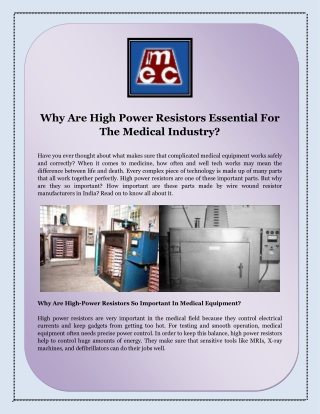 Why Are High Power Resistors Essential For The Medical Industry
