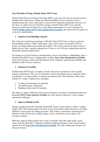 Top 5 Benefits of Using a Double Girder EOT Crane