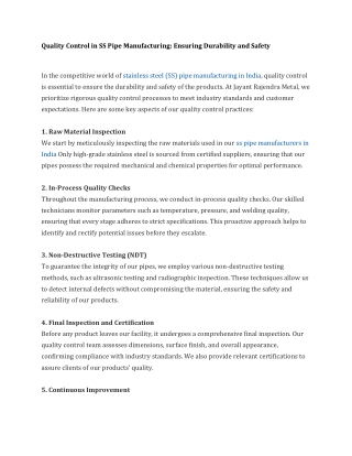 Quality Control in SS Pipe Manufacturing Ensuring Durability and Safety