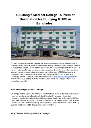 US-Bangla Medical College: A Premier Destination for Studying MBBS in Bangladesh