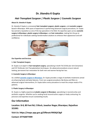 Dr. Jitendra K Gupta - Expert Hair Transplant, Plastic & Cosmetic Surgeon in Alw